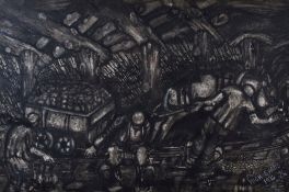 NICHOLAS EVANS mixed media (possibly boot polish) - subterranean workers on the coal, entitled verso