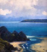 GARETH THOMAS acrylic on board - Gower coastal scene, entitled verso 'Three Cliffs, Dark Sea',