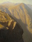 DAVID WOODFORD oil on canvas - dramatic contrast of light and shadow on Snowdonia peaks, signed