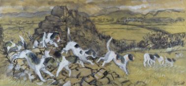 CHARLES FREDERICK TUNNICLIFFE mixed media - pack of hounds on the scent in an Anglesey landscape,