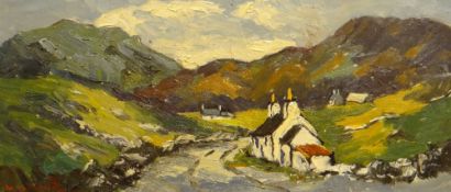 CHARLES WYATT WARREN oil on board - entitled verso 'Cottages Near Snowdon', signed, 24 x 54cms