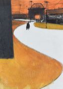 ROGER CECIL mixed media - urban landscape with figure, entitled verso 'Pit Top', signed, 26 x 19cms