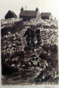 SIR KYFFIN WILLIAMS RA inkwash print - farmer with bucket in hand led by his dog down a path from