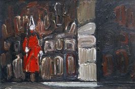 MERVYN ROWE oil on board - standing figure in red Horse Guards coat with sword and helmet, signed a