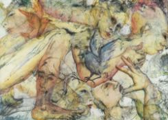 ANNIE GILES HOBBS mixed media - human heads and hands with birds, signed, 54 x 73cms