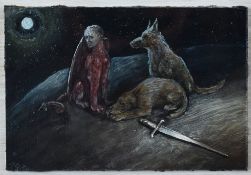 MICHAEL GUSTAVIUS PAYNE oil on board - mythical creatures and sword under moonlight, entitled