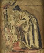 ATTRIBUTED TO AUGUSTUS JOHN pen and ink with watercolour - domestic scene with mother, two