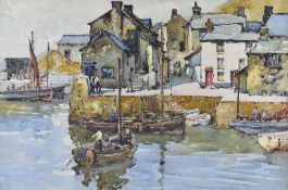 WILL EVANS watercolour - 'Harbour St Ives' with numerous figures and boats, unsigned, 35 x 54cms