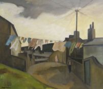 GEORGE CHAPMAN oil on canvas - figure in South Wales street with washing line above, entitled '