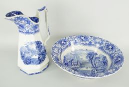 LLANELLY POTTERY 'MILAN' JUG & BASIN with Italianate landscape transfer, the bowl of flared form,