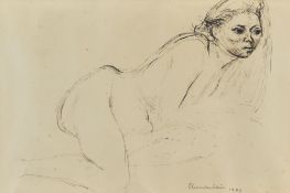 BRENDA CHAMBERLAIN sepia colour wash study - of a crouching nude lady, signed and dated 1943, 16 x