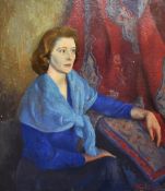 COLIN JONES oil on board - unframed portrait of a lady in blue dress, 84 x 73cms Auctioneer's