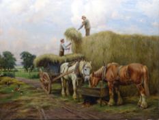 WRIGHT BARKER oil on canvas - farming scene, loading the haystack, signed, 92 x 120cms