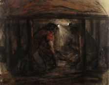 VALERIE GANZ mixed media - two crouching coal-miners, entitled verso 'We've got Company', signed, 42