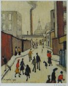 LAURENCE STEPHEN LOWRY (1887-1976) guild stamped print - figures walking on a street with distant