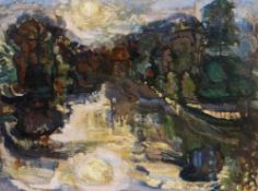 DENNIS MATTHEWS (1913-1997) oil on canvas laid to board - landscape with trees in lane, unsigned, 44