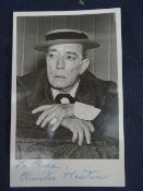 BUSTER KEATON (1895 - 1966) AUTOGRAPHED BLACK & WHITE PHOTO CARD the actor late in life wearing