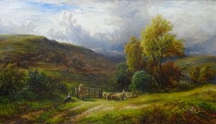 GEORGE TURNER oil on canvas - farmer driving flock, entitled 'Changing Pastures', signed, dated