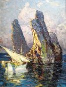 LOUIS BONAMICI (Italian 1878-1966) heavy impasto oil on board - fishing boat off Italian coast,
