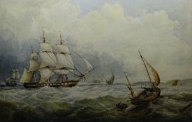 BRITISH MARITIME SCHOOL watercolour - three-master in full sail with other ships at sea, unsigned,