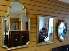 THREE MODERN GILT FRAMED VARIOUS SHAPED MIRRORS