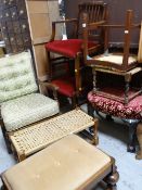 ASSORTED FURNITURE to include footstools, vintage armchair, two hall chairs (8)