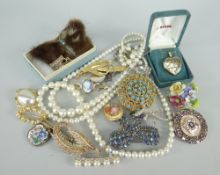 ASSORTED COSTUME JEWELLERY comprising heart shaped locket on chain, pearls, various bar brooches