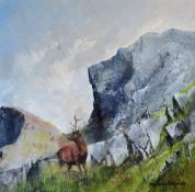 MALCOLM EDWARDS watercolour and mixed media - stag in a mountainous landscape, entitled verso '