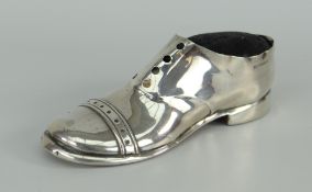 SILVER MOUNTED PIN-CUSHION OF SHOE-FORM modelled with lace-holes, brogue toe-cap, wooden sole,