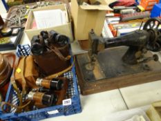 THREE PAIRS OF VINTAGE BINOCULARS, together with a cased vintage Kodak Brownie camera and sewing