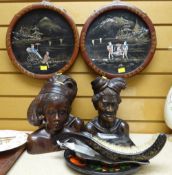 THREE CARVED WOODEN NORTH AFRICAN HEAD & SHOULDER FIGURES, papier mache crumb tray and brush, two