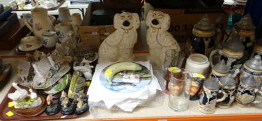 ASSORTED ORNAMENTS including Lilliput Lane models, pair of Staffordshire dogs, lidded steins,