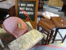 ASSORTED FURNITURE to include brass inlaid nest of tables, footstools, small wicker chair ETC