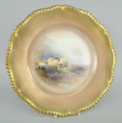 ROYAL WORCESTER CABINET PLATE, hand painted with sheep in a landscape within gilt border, signed H.