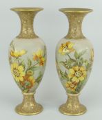 PAIR OF DOULTON LAMBETH CARRARA VASES obovoid form, flared neck and spreading foot, painted with