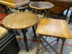 CIRCULAR BEATEN COPPER TABLE, together with a decorated bamboo hexagonal side table plus another (