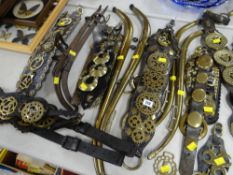 ASSORTED HORSE BRASSES MOSTLY ON LEATHER STRAPS together with three pairs of Hames