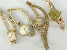 9CT GOLD LADIES WRISTWATCH ON EXPANDING BRACELET, together with three other ladies wristwatches