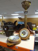 TWO BAROMETERS together with a brass Corinthian column lamp