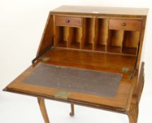 VINTAGE MAHOGANY CROSS BANDED BUREAU having a single drawer and fitted interior over Queen Anne