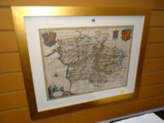 ANTIQUE COLOURED MAP OF MONTGOMERYSHIRE & THE SURROUNDS with coats of arms, 38 x 49cms