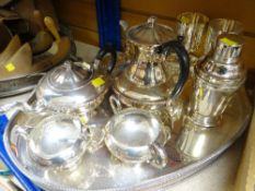 LARGE EPNS GALLERY TRAY, four piece EPNS teaset, EPNS cocktail shaker ETC