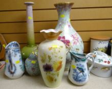 LARGE DECORATIVE GILT & ROSE DECORATED BULBOUS VASE, Staffordshire jugs ETC