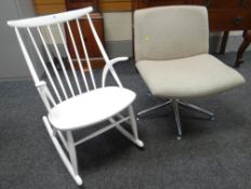 PAINTED WHITE BELIEVED PINE SPINDLE BACK ROCKER / MODERN CHROME LEGGED SWIVEL CHAIR
