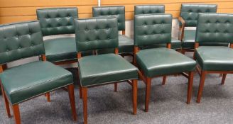 SET OF 6+2 MID-CENTURY DINING CHAIRS in buttoned green leatherette upholstery