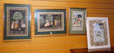 FOUR SIMILAR DECORATIVE SOUTHERN ASIAN MUGHAL SCHOOL-TYPE PICTURES of figures in landscapes