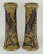PAIR OF ROYAL DOULTON STONEWARE ART NOUVEAU VASES of tall tubular form, open necks, multi-colour