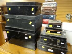 ASSORTED VINTAGE BLACK METAL DEED TINS & CASH BOXES (7)