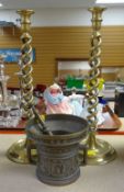 PAIR OF TALL BARLEY TWIST BRASS CANDLESTICKS, together with a brass pestle and mortar