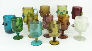 MID 20TH CENTURY SELECTION OF IRANIAN COLOURED HAND-MADE GLASS to include two tankards and ten